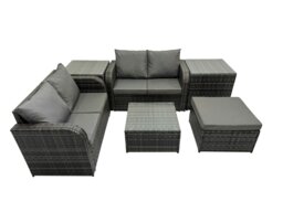 Rackhams Rattan Garden Outdoor Furniture Set Love Sofa Square Coffee Table Set with 2 Side Table Big Stool Dark Grey Mixed - thumbnail 1