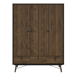 Rackhams Ry Wardrobe 3 doors + 3 drawers in Matt Black Walnut - Black - Malemine - 1 - thumbnail 2