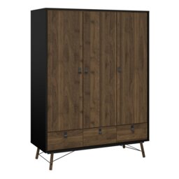 Rackhams Ry Wardrobe 3 doors + 3 drawers in Matt Black Walnut - Black - Malemine - 1