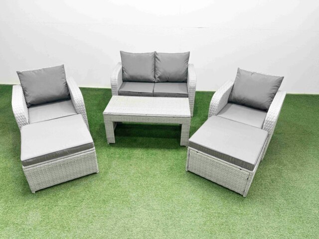 Rackhams Light Grey PE Wicker Rattan Garden Furniture Set Sofa Set Reclining Adjustable Chair Oblong Coffee Table 6 Seater 2 Big Stools - image 1
