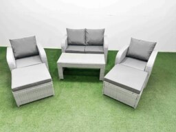 Rackhams Light Grey PE Wicker Rattan Garden Furniture Set Sofa Set Reclining Adjustable Chair Oblong Coffee Table 6 Seater 2 Big Stools - thumbnail 1