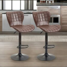 Rackhams Set Of 2 Adjustable Height Retro Faux Leather Bar Stools Brown