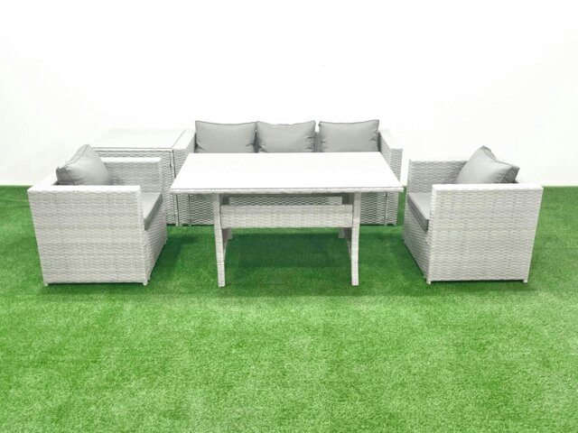 Rackhams Garden Dining Set Outdoor Rattan Furniture Set with Sofa Dining Table 2 Chairs Side Table Light Grey Mixed - image 1