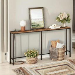 Rackhams Industrial Wide Console Table With Charging Station Rustic Brown - thumbnail 2