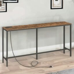 Rackhams Industrial Wide Console Table With Charging Station Rustic Brown