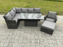 Rackhams Dark Grey Mixed PE Rattan Outdoor Dining Set - Height Adjustable Lifting Table, Big Footstool & Armchair - thumbnail 2
