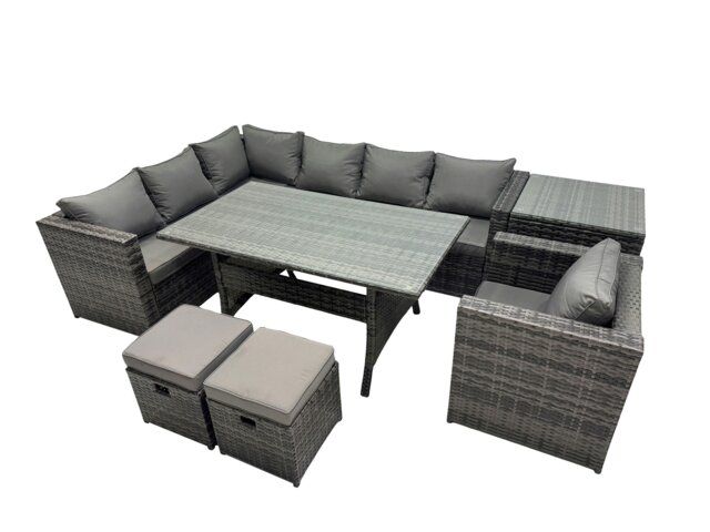 Rackhams Outdoor PE Rattan Sofa Set with Dining Table Patio Garden Furniture Sets with Chair 2 Small Stool Side Table Dark Grey Mixed - image 1