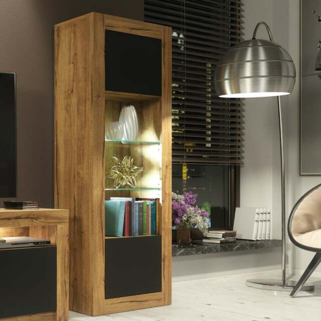 Rackhams Charming 170cm Modern Display Cabinet – Black Matt Doors with Free LED lights - 170cm - Oak Matt Body & Black Matt Doors - 1 - image 1