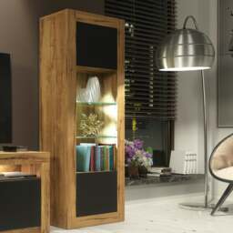 Rackhams Charming 170cm Modern Display Cabinet – Black Matt Doors with Free LED lights - 170cm - Oak Matt Body & Black Matt Doors - 1