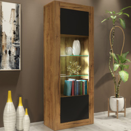 Rackhams Charming 170cm Modern Display Cabinet – Black Matt Doors with Free LED lights - 170cm - Oak Matt Body & Black Matt Doors - 1 - thumbnail 2