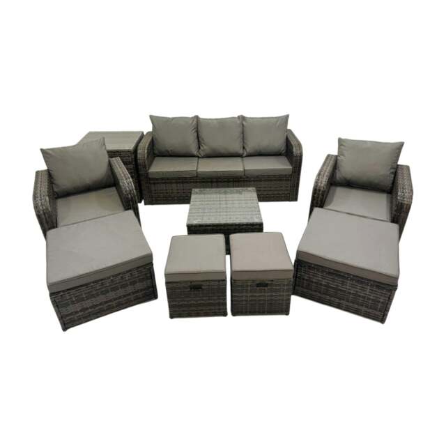 Rackhams 3 Seater Sofa Reclining Chair Coffee Table Set Rattan Garden Outdoor Furniture Set with Side Table 4 Stools Dark Grey Mixed - image 1