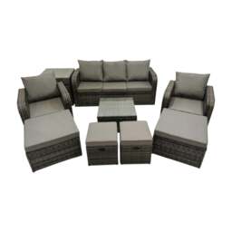 Rackhams 3 Seater Sofa Reclining Chair Coffee Table Set Rattan Garden Outdoor Furniture Set with Side Table 4 Stools Dark Grey Mixed - thumbnail 1