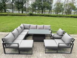 Rackhams 11 Seater Aluminium Sofa Set 10 Piece Outdoor Garden Furniture - Rising Dining Table with Cushions 2 Big Footstools 2 Chair Footstool Dark Grey - thumbnail 2
