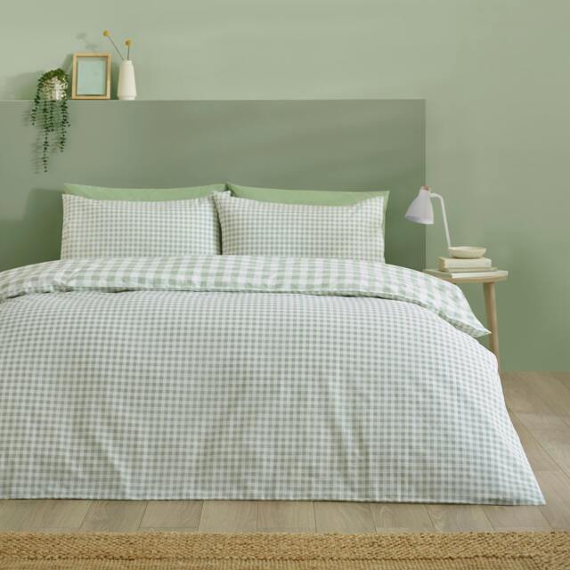 Rackhams Bamford Gingham Check Reversible Duvet Cover Set Green - Double - Green - image 1