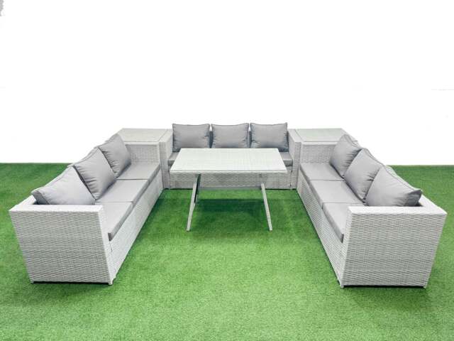 Rackhams 9 Seat Outdoor Patio PE Rattan Garden Furniture with Cushions 3 Seater Sofa 2 Side Tables Light Grey - image 1