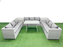Rackhams 9 Seat Outdoor Patio PE Rattan Garden Furniture with Cushions 3 Seater Sofa 2 Side Tables Light Grey - thumbnail 1