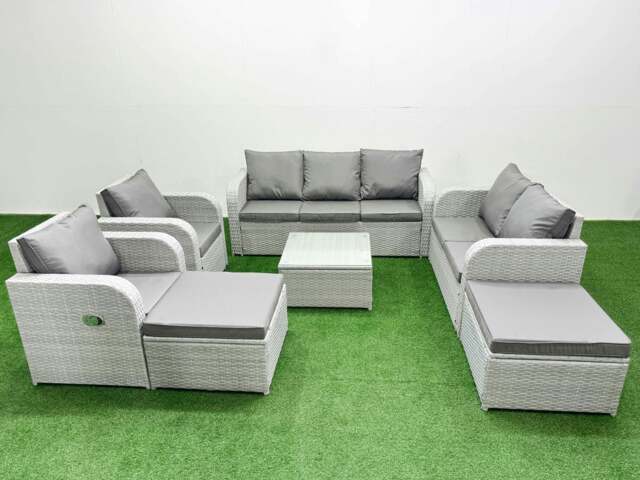 Rackhams PE Rattan Garden Furniture Set Adjustable Chair Sofa Double Love Seat 2 Seater Sofa Lounge Set Square Coffee Table 2 Big Footstool Light Grey - image 1
