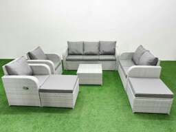 Rackhams PE Rattan Garden Furniture Set Adjustable Chair Sofa Double Love Seat 2 Seater Sofa Lounge Set Square Coffee Table 2 Big Footstool Light Grey - thumbnail 1