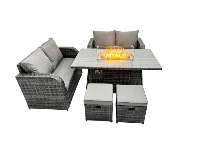 Rackhams 6 seater Patio Gas Firpit Dining Table Sofa Sets Rattan Garden Furniture Dining Set with 2 Small Stools Dark Grey Mixed - image 1