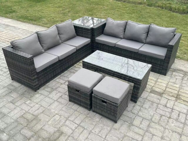 Rackhams Outdoor Rattan Garden Furniture Lounge Sofa Set With Oblong Rectagular Coffee Table Side Coffee Table 2 Stools - image 1