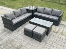 Rackhams Outdoor Rattan Garden Furniture Lounge Sofa Set With Oblong Rectagular Coffee Table Side Coffee Table 2 Stools - thumbnail 2