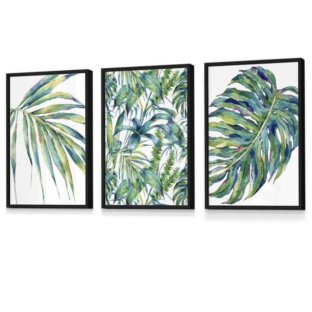 Rackhams Blue Green Botanical Set of 3 Framed Wall Art Prints - 59x84cm (A1) - Black - image 1