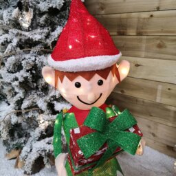Rackhams 107cm Warm White LED Lit Elf Character with Present Christmas Decoration in Green and Red - thumbnail 6