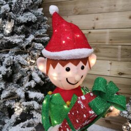 Rackhams 107cm Warm White LED Lit Elf Character with Present Christmas Decoration in Green and Red - thumbnail 4