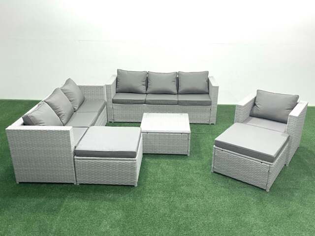 Rackhams Wicker PE Rattan Sofa Garden Furniture Set with Armchair Square Coffee Table 2 Big Footstools Light Grey Mixed - image 1
