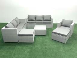 Rackhams Wicker PE Rattan Sofa Garden Furniture Set with Armchair Square Coffee Table 2 Big Footstools Light Grey Mixed - thumbnail 2