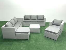 Rackhams Wicker PE Rattan Sofa Garden Furniture Set with Armchair Square Coffee Table 2 Big Footstools Light Grey Mixed - thumbnail 1