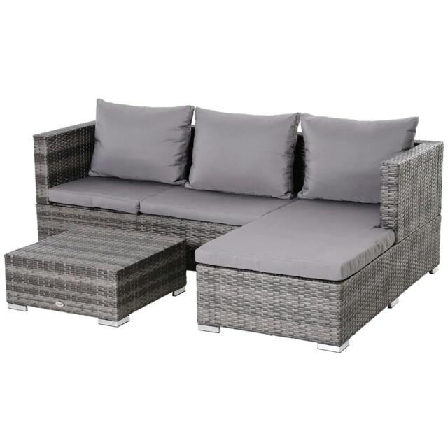 Rackhams 3PC Rattan Garden Furniture Storage Sofa Set 4 Seater Wicker Coffee Table Conservatory Sun Lounger Reclining Set Outdoor Weave with Cushion Grey - image 1