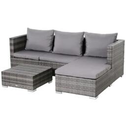 Rackhams 3PC Rattan Garden Furniture Storage Sofa Set 4 Seater Wicker Coffee Table Conservatory Sun Lounger Reclining Set Outdoor Weave with Cushion Grey - thumbnail 1