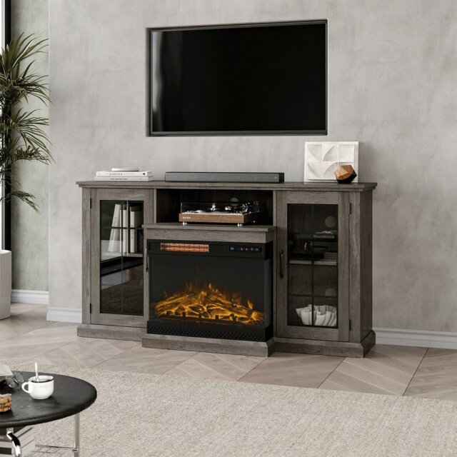 Rackhams Smallbee 3-Sided Fireplace TV Stand Wood With Glass Door Storage - Grey_1