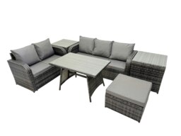 Rackhams Garden Rattan Outdoor Furniture Set 6 Seater with Love Sofa 3 Seater Sofa 2 Side Table Big Stool Dark Grey - thumbnail 1
