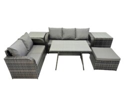 Rackhams Garden Rattan Outdoor Furniture Set 6 Seater with Love Sofa 3 Seater Sofa 2 Side Table Big Stool Dark Grey - thumbnail 2