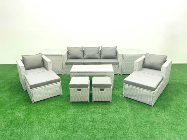 Rackhams Rattan Garden Furniture Set Outdoor Lounger Sofa with Coffee Table 4 Footstools 2 Side Tables Light Grey Mixed 9 Seater - image 1