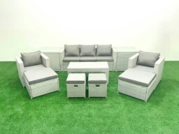 Rackhams Rattan Garden Furniture Set Outdoor Lounger Sofa with Coffee Table 4 Footstools 2 Side Tables Light Grey Mixed 9 Seater - thumbnail 1
