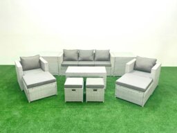 Rackhams Rattan Garden Furniture Set Outdoor Lounger Sofa with Coffee Table 4 Footstools 2 Side Tables Light Grey Mixed 9 Seater - thumbnail 2