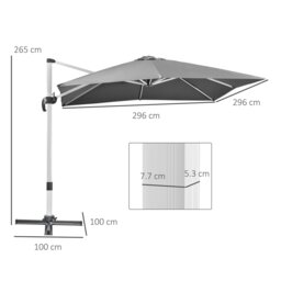 Rackhams 3 x 3(m) Cantilever Roma Parasol, Square Garden Umbrella with Cross Base, Crank Handle, Tilt, 360° Rotation and Aluminium Frame, Grey - Grey - 293L x 293W x 265H cm - thumbnail 5