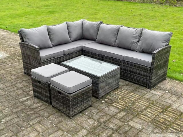 Rackhams High Back Dark Mixed Grey Rattan Corner Sofa Set Outdoor Furniture Rectangular Coffee Table 2 Small Footstools 8 Seater - image 1