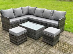 Rackhams High Back Dark Mixed Grey Rattan Corner Sofa Set Outdoor Furniture Rectangular Coffee Table 2 Small Footstools 8 Seater - thumbnail 2