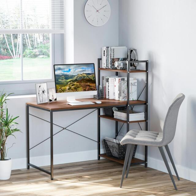 Rackhams Computer Desk Laptop Table w/4-tier Bookshelf Metal Frame - Walnut brown