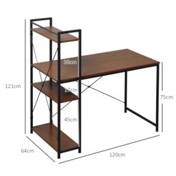 Rackhams Computer Desk Laptop Table w/4-tier Bookshelf  Metal Frame - Walnut brown - thumbnail 4