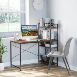 Rackhams Computer Desk Laptop Table w/4-tier Bookshelf  Metal Frame - Walnut brown - thumbnail 1