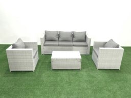 Rackhams 5 Seater Rattan Garden Furniture Set with 3 Seater Sofa, 2 Chairs, Rectangular Coffee Table - Light Grey - thumbnail 2