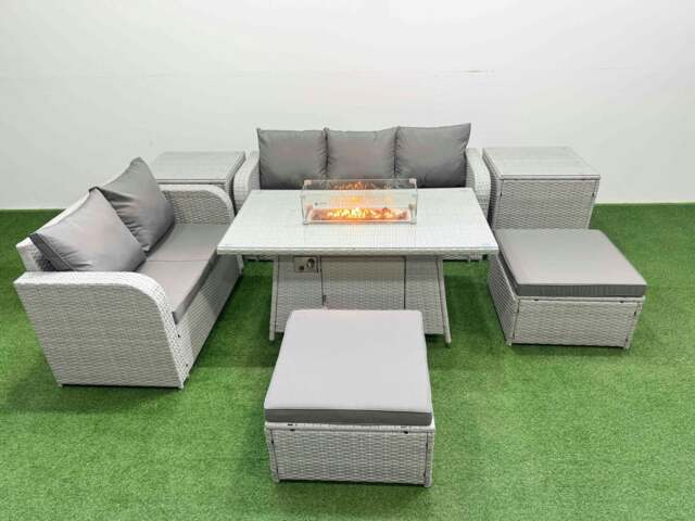 Rackhams 7 Seater Rattan Garden Furniture Patio Conservatory Sofa Set with Fire Pit Dining Table 3 Seater Sofa Love Sofa 2 Big Footstool 2 Side Table - image 1