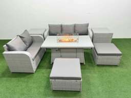 Rackhams 7 Seater Rattan Garden Furniture Patio Conservatory Sofa Set with Fire Pit Dining Table 3 Seater Sofa Love Sofa 2 Big Footstool 2 Side Table - thumbnail 1