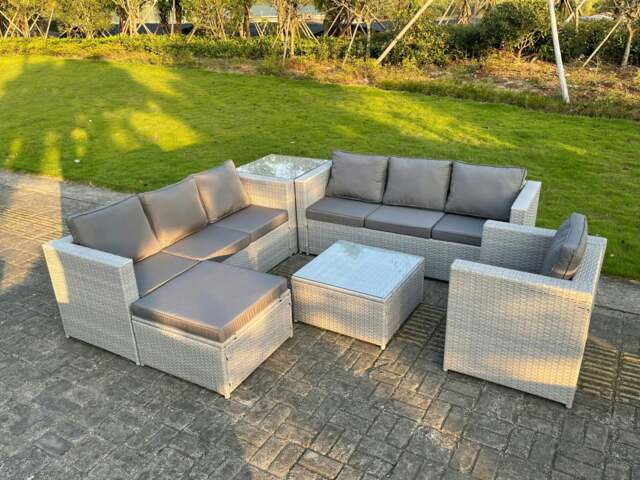 Rackhams Light Grey Outdoor Rattan Garden Furniture Set Corner Sofa Set 2 Coffee Table Big Footstool Armchair - image 1