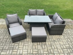 Rackhams 7 Seater Rattan Furniture Garden Dining Set Outdoor Height Adjustable Rising lifting Table Love Sofa Chair With 2 Big Footstool - thumbnail 2